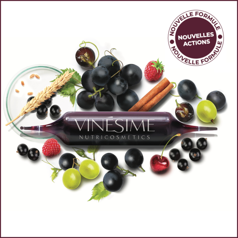 ampoule elixir de la vigne nutricosmetique vinesime avec raisins, fraise, carotte, cassis, ble, cerise et framboise